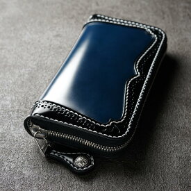 ラウンドジップウォレット コードバン パンチング ダブルカット ブラックツートンラウンドファスナーウォレット/ジッピーウォレット/ジッパー/長財布/ロングウォレット/革財布/レザーウォレット/本革/馬革/YKK/大容量/メンズ/手縫い/ハンドメイド/日本製/国産