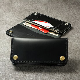 トラッカーズウォレット TYPE II 黒【長財布/ロングウォレット/バイカーズウォレット/ライダースウォレット/ショートウォレット/トラッカーウォレット/本革/イタリアンレザー/サドルレザー/ボタンフラップ/TALON/タロン/手縫い/ハンドメイド/日本製/国産】