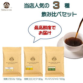 【マラソン 4/04 20:00～4/10 01:59 最大20％OFF＋最大P5倍】【マラソン 4/04 20:00～4/10 01:59 最大20％OFF＋最大P5倍】当店人気の完熟珈琲豆3種（ブラジル90g、キリマンジャロ90g、コロンビア90g）飲み比べセット