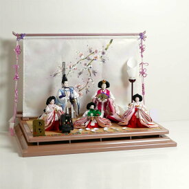 雛人形 おしゃれ 白とピンクのぼかし衣装で清楚な印象の立ち雛官女金彩桜ぼかし几帳五人飾り ひな人形 平飾り 立雛