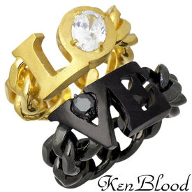 ケンブラッド KEN BLOOD LOVE文字 チェーン シルバー ペア リング ゴールド×ブラック 指輪 アクセサリー 9～21号 シルバー925 スターリングシルバー KB-KR-213-214GB