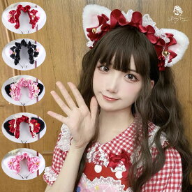 猫耳カチューシャ ハロウィン ヘッドドレス ロリータ ねこ耳 メイド リボン コスプレ　髪飾り 6色 赤 ピンク 黒 白 ハロウィン 文化祭 学園祭