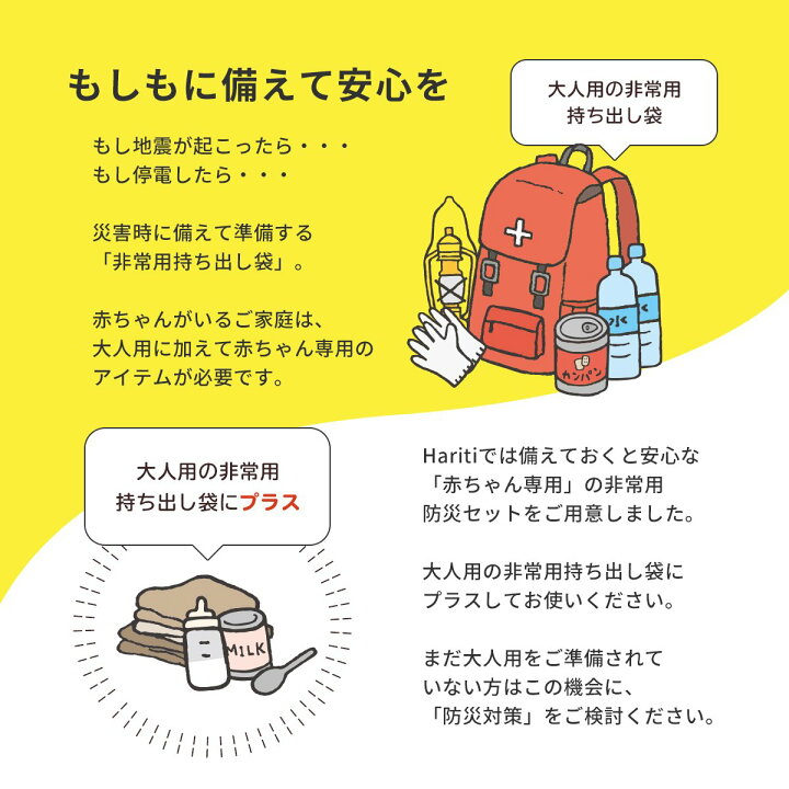 楽天市場 赤ちゃん専用 非常用持ち出しセット 確認リスト付き 防災士監修 防災対策 ベビー 赤ちゃん 防災 出産祝い 避難 防災セット 乳幼児 乳児 幼児 防災グッズ 避難 セット 災害対策 哺乳瓶 おむつ袋 おくる防災 プレゼント プチギフト 送料無料 Hariti