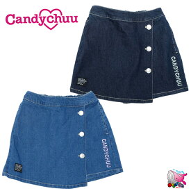 メール便送料無料　Candychuu　2023 春夏　ストレッチデニムラップスカパン　ブルー　ネイビー　130 140 150 160cm　デニムショートパンツ　ラップスカート風　ウエストゴム　キャンディチュウ