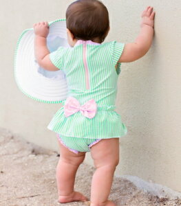 Ruffle Butts ラッフルバッツ 水着 ミント ストライプ リボン フリル ワンピース UVカットスイムスーツ/6M 12M 18M 2T 3T 4T◆フラッタースリーブ 水玉 キッズ・ベビー子供用・女の子・フリフリ フリ