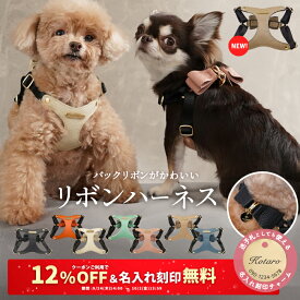 ＼12%OFFクーポン配布中／リボン ハーネス お名前入り 小型犬 ペット 可愛い 抜けない 胸パッド付き 犬 メッシュクッション パピー 合成皮革 バックリボン お散歩 おでかけ 迷子札 かわいい 名入れ おしゃれ 合皮 お洒落 くすみカラー ギフト プレゼント ペットハーネス 気管