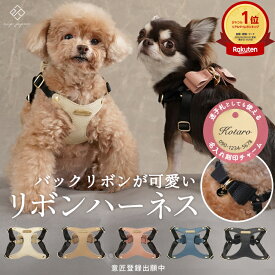 リボンハーネス 犬 ペット ハーネス 胸パッド付き 胴輪 メッシュクッション 小型犬 パピー 合成皮革 バックリボン お散歩 おでかけ お名前入り 迷子札 名入れ 電話番号 おしゃれ 合皮 くすみカラー ペット用品 ギフト プレゼント