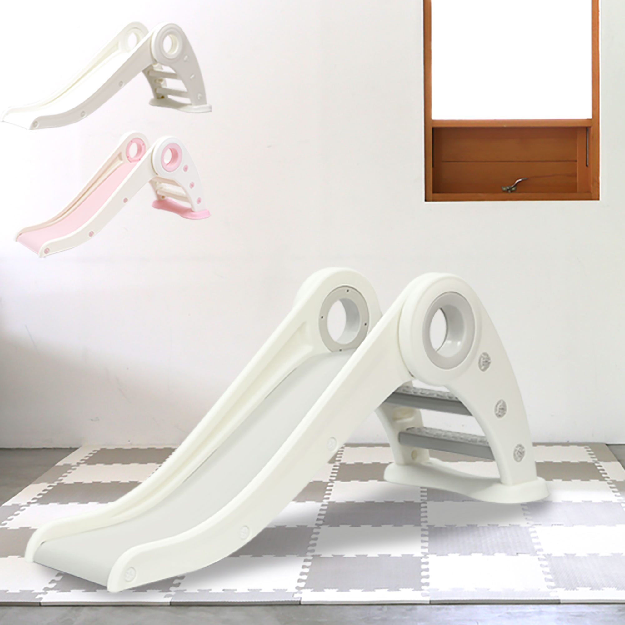 すべり台 ロングスロープ すべりだい 折りたたみできる スムーススロープ なだらか インテリアグレー ピンク ホワイト 折り畳み 室内遊具  【ラッピング不可】 | 赤ちゃんデパート