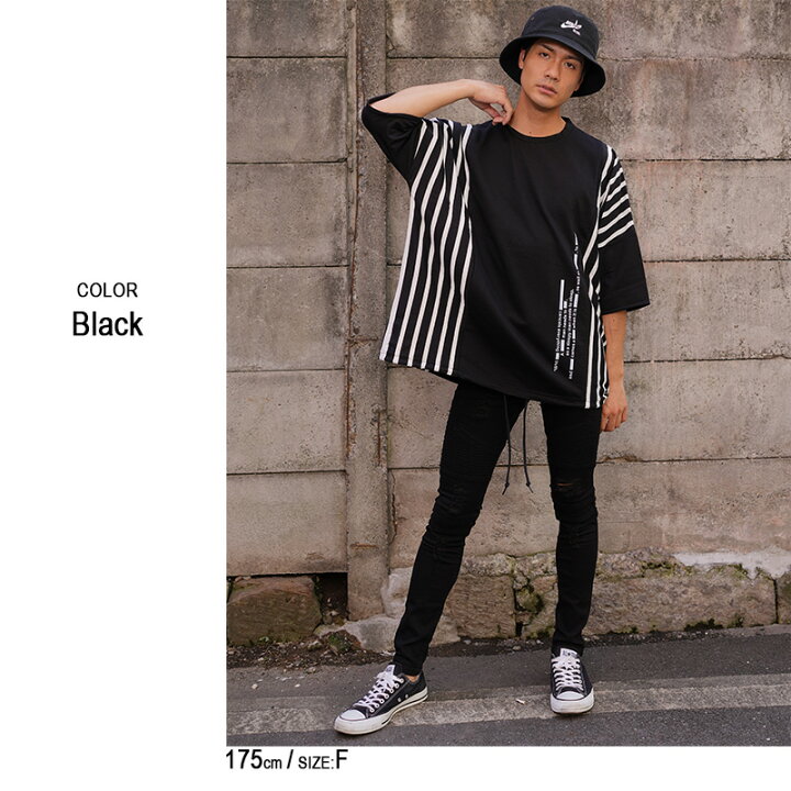 楽天市場】ドロップショルダーストライプ切り替えロゴビッグTシャツ 