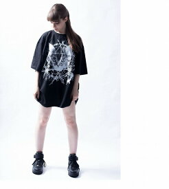 六芒星キャットビッグTシャツ（男女兼用）■ 半袖 tシャツ トップス 猫 ねこ ネコ cat キャット ビッグtシャツ メンズ レディース おもしろ キャラクター ゆったり 大きいサイズ おしゃれ カジュアル ストリート ロング ビッグトップス ビックシルエット uネック 綿 白 wh 黒