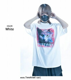 【東京裏側】HEXAGRAM KITTY ビッグTシャツ（男女兼用）■トップス 半袖 tシャツ 半袖Tシャツ クルーネック プリント 猫 ネコ キャット cat スター ロゴ ストリート モード やみかわ メンズ レディース ユニセックス 病みかわ 病みかわいい 病み系 病み 原宿系 大きいサイズ