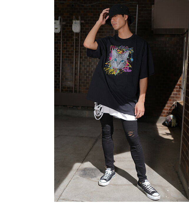 楽天市場 Dip Catビッグtシャツ 男女兼用 トップス ロンt ロングtシャツ ろんt 長袖 五分袖 5分袖 Tシャツ 長袖tシャツ 猫 ネコ ねこ キャット Cat ストリート 大きいサイズ ビックシルエット 病み メンズ レディース ユニセックス 病みかわ 病みかわいい 病み系