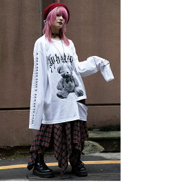 Injured bearファスナー付きビッグロンT （男女兼用） ■ トップス ロンT ロングtシャツ ろんt 長袖 tシャツ 長袖Tシャツ ストリート 大きいサイズ やみかわ レディース メンズ ユニセックス 病みかわ 病みかわいい 病み系 やみかわいい 病み 闇 原宿系 ロング丈