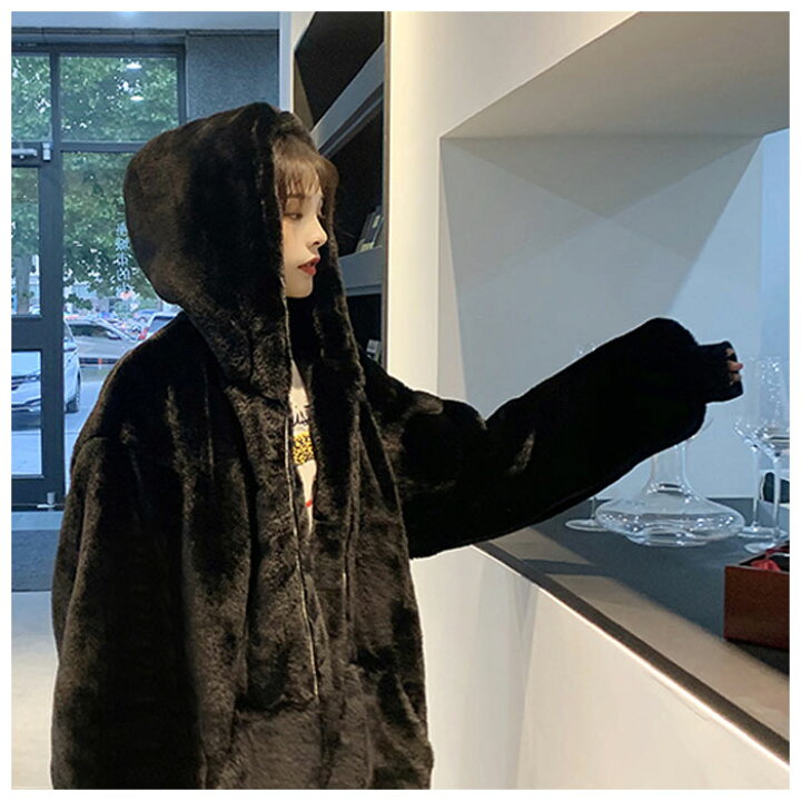 [GESCHESK] レディース アウター コート ジャケット ブルゾン パーカー 裏起毛 裏ボア ファーコート 帽子付き あったか 暖かい 防寒 長袖 厚手 無地 カジュアル 可愛い 秋 冬 通勤 通学 大きいサイズ Lサイズ　管理V316