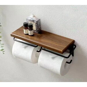 トイレットペーパーホルダー 2連 木 通販 ペーパーホルダー 紙巻き器 おしゃれ diy ウッド 天然木 アイアン ホルダー ダブル ツイン 棚付き 天板 ナチュラル シェルフ型 壁 シンプル 洗面所 賃