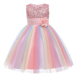 ドレス 子供 肩出し 楽天 ワンピース フォーマルドレス 女の子 キッズ 子供ドレス 虹色 ピアノ 発表会 結婚式 お呼ばれ キラキラ スパンコール 花 フラワー チュールドレス 七五三 撮影 かわ