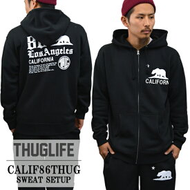 メンズ ファッション スウェット 上下スーツ CALIF 86 THUG PH カリフ86セットアップ 上下 THUGLIFE ブラック 大きいサイズ 秋冬 ジップパーカー スウェットパンツ フード 裏起毛 ダンス衣装