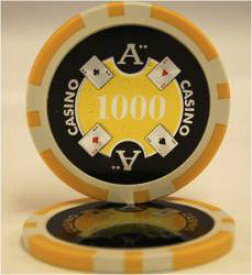 【 本場 カジノ仕様 】カジノチップ ポーカーチップ QuattroAssi クアトロアッシー ポーカーチップ [1000] 黄 ＜25枚セット＞ ポーカーチップ クレイ チップ テキサスホールデム ポーカートーナメント