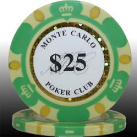 【 高級 ポーカーチップ 】【 品質保証 】モンテカルロポーカーチップ（25＄）緑 25枚セット　−カジノチップ、ポーカーチップ