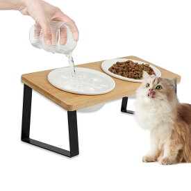BADUS 猫 ご飯皿 えさ 皿 餌入れ 猫食器 陶器製 頸椎を保護 15度の傾斜 組み立て簡単 竹製スタンド付き 洗いやすい 電子レンジ 食器洗浄機対応 犬猫兼用食器