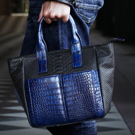 【池田工芸】藍染めクロコダイル×純黒パイソン。池田の“おまかせ”仕立てトート Denim Crocodile × Python Golf Tote（ゴルフトート）【次回出荷日10月2日頃】