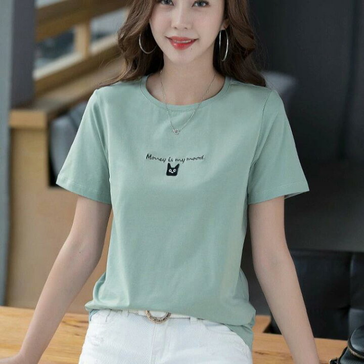 楽天市場 クーポンで500円off Tシャツ レディース 半袖 大きめ ロゴ 春 夏 トップス 綿 ワンポイント クルーネック 猫 ネコ 刺繍 大きいサイズ ゆったり おしゃれ 大人可愛い かわいい カジュアル シンプル ベーシック 無地 ストリート 体型カバー 涼しい 黒 白