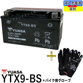 【バイク用メッシュグローブ付】 台湾 YUASA ユアサ YTX9-BS 【互換 GTX9-BS FTX9-BS DTX9-BS】 スティード400 STEED XJR400 ZRX400　初期充電済　即使用可能