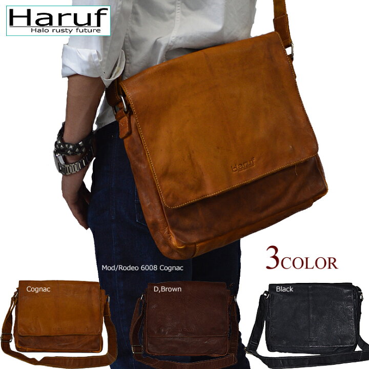 楽天市場 送料無料 ショルダーバッグ メンズ 革 レザーバッグ 鞄 カバン 斜めがけ かっこいい Haruf ハルフ ブランド 本革バッグ 通勤 通学 ブラック 黒 ブラウン 茶 キャメル Rodeo6008 プレゼント Baku