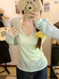 サマーカーディガン レディース トップス 日焼け防止 服の レディース 夏の ドーパミンの 薄手 タイプの 日焼け防止の ブラウスの t シャツ レディース中で 首の 美の 背中の サスペンダーの 2つの セットを 掛けます。