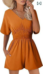 ホワイト 白 ショート丈 ミニ Vネック 2024の レディース ジャンプスーツ 夏の v ネックの ボタンの 短い ハスの 葉の 辺の 袖の 縮みの ミニの 短い ジャンプスーツ