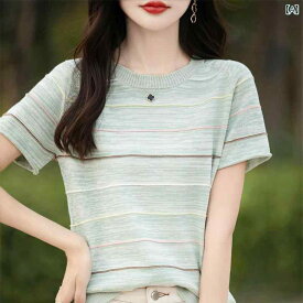 ニット トップス 七分丈 2024 夏の 丸 首 綿 線 ニット 半袖 女性 カラー t シャツプルオーバー
