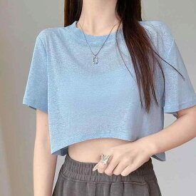 トップス レディース 接触冷感 ニット 半袖 Tシャツ クロップド丈 ゆったり UVカット 冷房対策 ポロ襟 パフスリーブ 羽織り ブラック 春夏