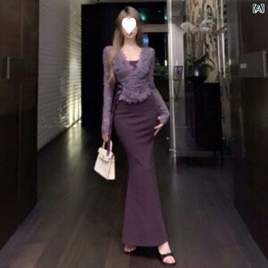 セットアップ レディース Vネック 紫の 味わいの お姫様の 2つの スーツ スカートの v ネックの レースの 長袖の 上着の 長い サスペンダーは 尻の ワンピースの スーツを 包みます。