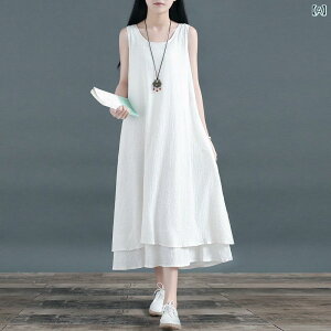 ロングスカート 綿混素材 亜麻 レトロ 文芸の 袖なしの 二 重 綿 麻の 大きい 振り子の スカートの 長い タイプの 底の ワンピースの ベストの 長い スカートの 色の 夏