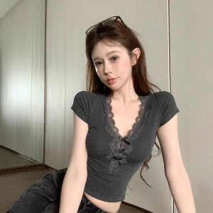 ティアード チュニック ブラウス ぽわん袖 レディース 蝶 結びの グレーの v ネックの 半袖の t シャツ 婦人服の 夏の 修身は やせている ギャルの レースが 小さい 大衆の 短い 上着を つなぎ