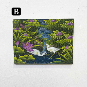 バリ絵画 鳥の絵 2羽 小鳥 白サギ W40×H30cm ブンゴセカン 癒し 花鳥風月 南国 絵画 アートパネル 緑 バリ島 バリ雑貨 リゾートインテリア アジアンテイスト バリアート バリ風 アジアン ハワイ