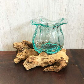【インテリア雑貨 おしゃれ バリ風】流木ガラス オブジェ 一点モノ 選べるA～E 高さ20.～23cm フラワーベース 花瓶 おしゃれ 丸 インテリア 鉢 花瓶 透明 流木 ガラス メダカ アクアリウム テラリウム インテリア 観葉植物 多肉植物 鉢 アジアン バリ ギフト [ss2409]
