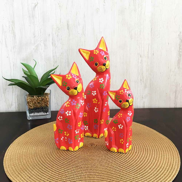 楽天市場】木製 バリネコ 3匹セット 花柄 カラフル 首かしげ 5タイプ 
