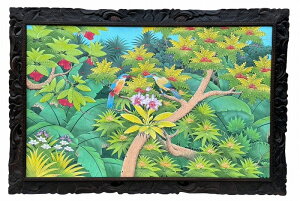***バリ絵画大型 ブンゴセカン横型152.5*102.5 蘭中央カラフル鳥茶木【バリ直輸入】花鳥風月 南国 アートパネル 緑 リゾート 手描き ウッドフレーム 手彫り 森 バリアート バリ風 アジアンイン