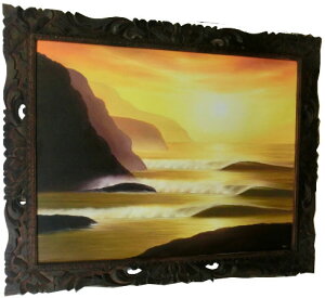 ***バリ絵画 夕日と波88.5*109 超特価【バリ直輸入】アートパネル バリ絵画 海 海岸 夕焼け サンセット ウルワツ 絶壁 風景画 ウッドフレーム バリインテリア バリアート アジアンインテリア