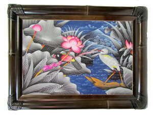 バリ絵画　ブンゴセカンバンブーフレーム45.5*61グレー系鳥2赤ロータス【バリ・アジアン雑貨バリパラダイス】