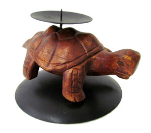 ウッドカメのキャンドルスタンド【バリ直輸入】亀 木製 木彫り ユニーク キャンドルライト キャンドルホルダー ろうそく立て キャンドルランプ リラックス ディスプレイ インテリア雑貨