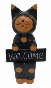 WELCOMEプレートを持つバリ猫 25cmネコ 木彫り 玄関 プレート アジアンテイスト 手作り インテリア アジアンインテリア 雑貨 おしゃれ かわいい 開運 置物 ギフト【バリ・アジアン雑貨バリパラ