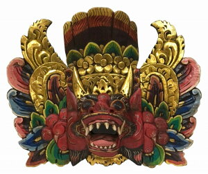 木製バロンお面30(マスク)赤茶【バリ島直輸入】聖獣 獅子 祭礼 森の王 善の象徴 バリ・ヒンドゥー 伝説 壁掛け 壁飾り ディスプレイ 木彫り カービング おしゃれ アジアンインテリア アジ