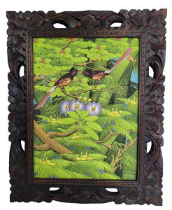 プンゴセカン絵画53*43ハイクラス 縦型茶尾長鳥中心蘭【バリ直輸入】花鳥風月 南国 花鳥画 アートパネル 緑 リゾート 手描き ウッドフレーム 手彫り 森 鳥 花 バリアート バリ風 アジアンイ