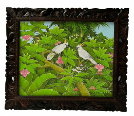 バリ絵画　ブンゴセカン53*63白鳥ピンク花【バリ・アジアン雑貨バリパラダイス】
