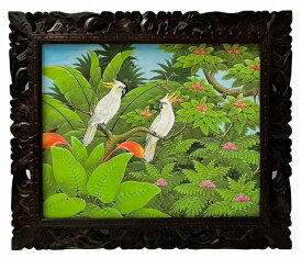 バリ絵画　ブンゴセカン53*63白冠鳥オレンジ葉【バリ・アジアン雑貨バリパラダイス】