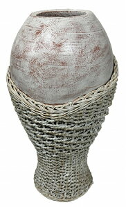 テラコッタ壺ラタン編 ホワイトウォッシュ60【バリ島直輸入】花瓶/花器/観葉植物 ポット フラワースタンド/オブジェ/置物/フラワーポット/フェイクフラワー/フェイクグリーン/アジアンテイ