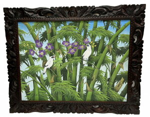 ***バリ絵画 ブンゴセカン 横 79*99紫花白鳥 バンブー【バリ直輸入】花鳥風月 南国 花鳥画 風景画 アートパネル 緑 リゾート ウッドフレーム 森 鳥 花 竹 バリアート アジアンインテリア おし