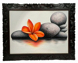 ***フランジパニと石 78*98 絵画 オレンジ【バリ直輸入】花 プルメリア ストーン バリ絵画 アートパネル モダン モダンアート リゾート バリインテリア バリアート バリ風 アジアンインテリア